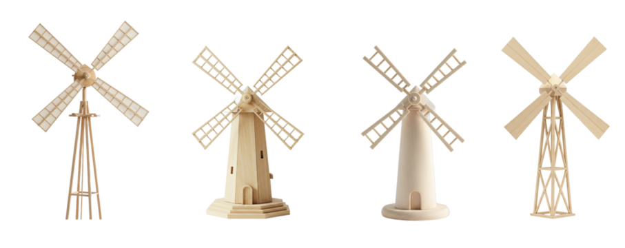 Minimalist wooden windmills against bright backdrop, evokes pastoral and mechanical ingenuity