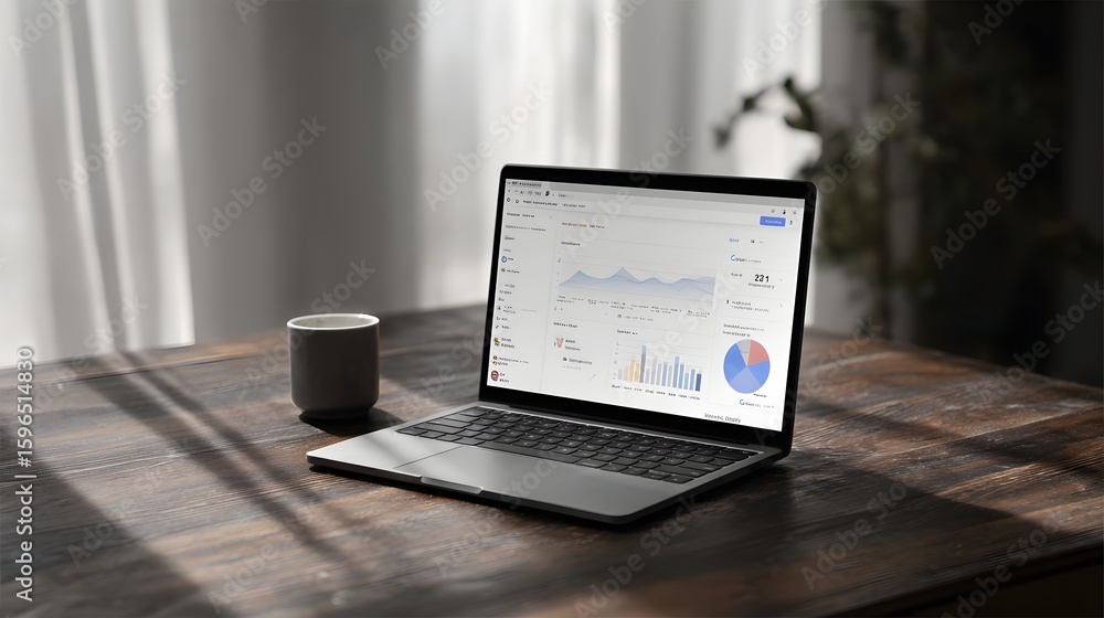 Poster laptop displaying digital analytics and data on a wooden desk