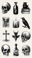 Collection of vintage illustrations featuring skulls, a raven, a candle, and gothic elements in a dark theme