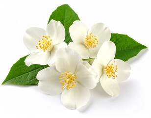 Beautiful white jasmine flowers with green leaves arranged on a white background