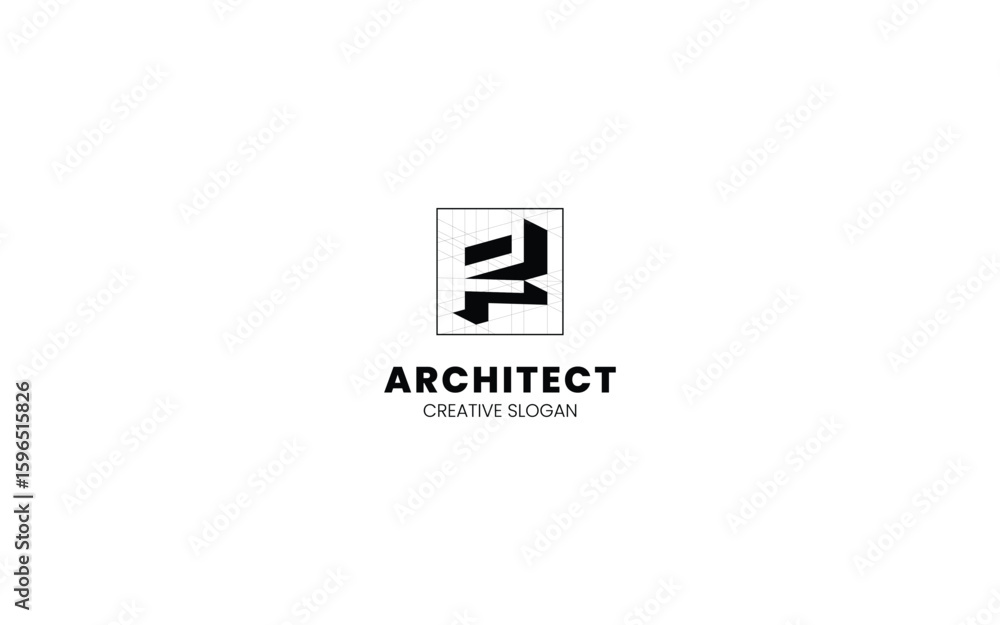 Aufkleber letter r architect logo with isometric bottom left view and technical sketch style