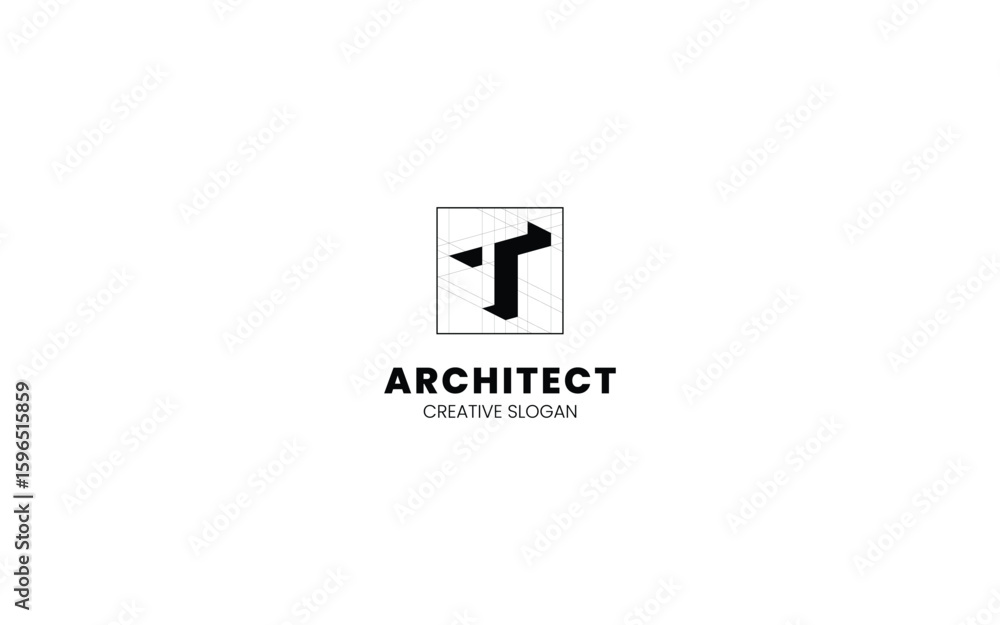 Poster letter t architect logo with isometric bottom left view and technical sketch style