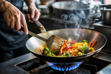 Chef is cooking vegetables in a wok over a high flame on the stove