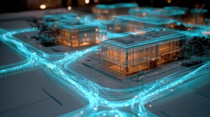 Fototapeta premium Digital city model, glowing network