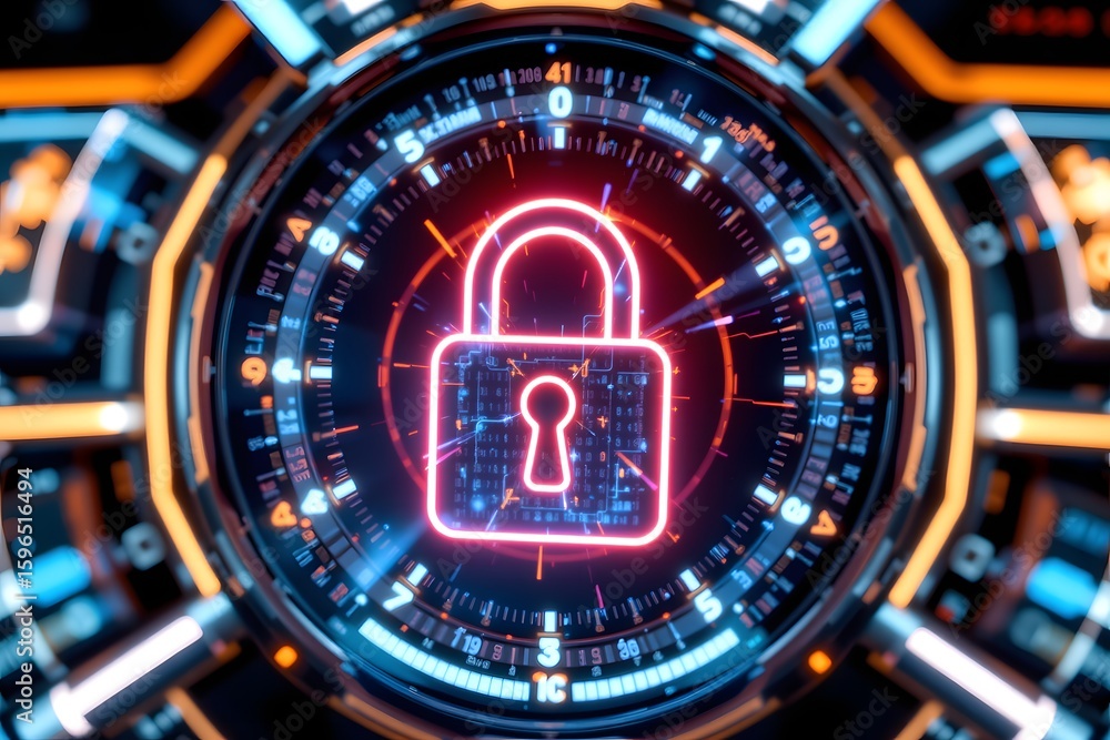 Poster cybersecurity sentinel: a neon padlock icon glows at the center of a digital interface, symbolizing 