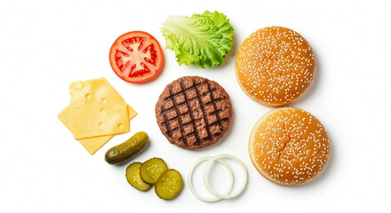 Burger ingredients with a ground beef patty sesame seed bun pickles and onion on white