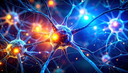 Intricate neural network displaying interconnected neurons and synapses transmitting signals in a complex biological system with vibrant blue and orange colors.