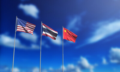 usa united state america us  thailand china chinese asia flag blue sky copy space background siam...