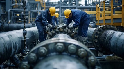 Workers repair a large pipeline in an industrial facility during daylight hours, focusing on teamwork and safety measures