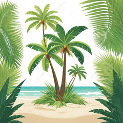 Fototapeta premium Illustration of a tropical beach scene with palm trees, sandy shore, turquoise ocean, and lush green foliage.