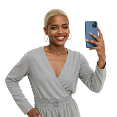 Happy Young African American Woman Smiling and Taking Selfie with Smartphone, Isolated transparent background