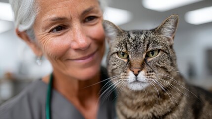 pet healthcare photography, professional veterinary clinic photos feature a caring vet examining a tabby cat, clean facility, and compassionate pet care