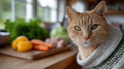 pet nutrition, cat owner, with an orange cat, prepares homemade food in a modern kitchen using fresh ingredients for an editorial lifestyle shoot