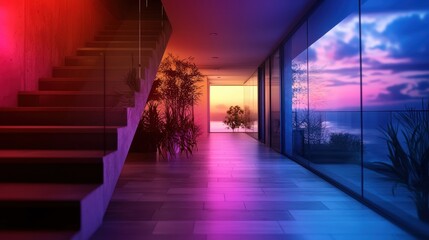 Modern colorful interior hallway with sunset views