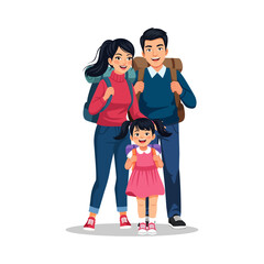 A joyful family of three parents and a young daughte ready for an adventure with backpacks, smiling against a white backdrop. Vector illustration.