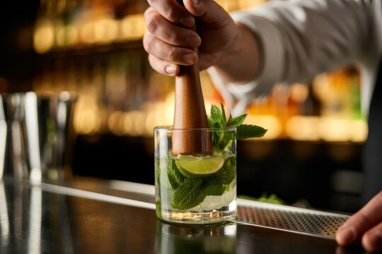 A bartender is muddling a mojito cocktail with fresh ingredients