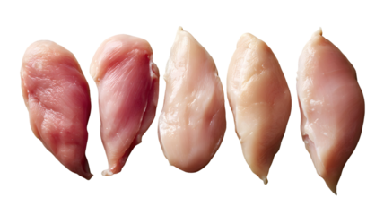 Raw chicken breasts in a row isolated on transparent background, poultry food concept