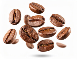 Freshly roasted coffee beans floating against a pure white background for beverage design