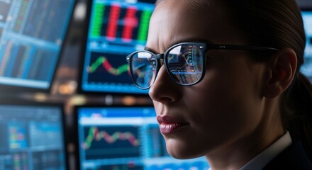 Focused Trader: Woman Analyzing Stock Market Data Reflected in Glasses