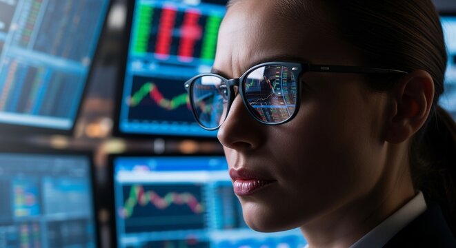 Focused Trader: Woman Analyzing Stock Market Data Reflected in Glasses - Powered by Adobe