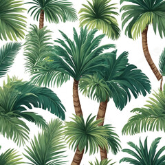 Fototapeta premium Seamless pattern featuring various green palm trees with detailed fronds and textured trunks against a white background.