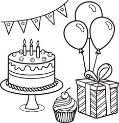 Black and White Birthday Party Line Art Illustration with Cake, Balloons, Gift and Decorations