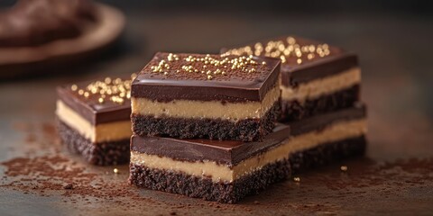 Decadent chocolate peanut butter dessert layered with rich icing served on a dark wooden table