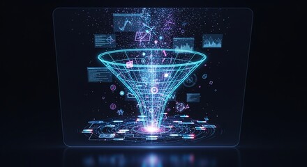 Futuristic Data Funnel: Holographic Display with Glowing Particles and Analytics