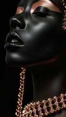 Beautiful, contrasting combination: stunning gold chain on a dark-skinned girl, bold advertising, statement jewelry concept for a modern, jewelry style