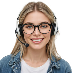 Friendly Young Woman Customer Service Representative Wearing Headset and Glasses, Smiling at Camera, Isolated transparent background