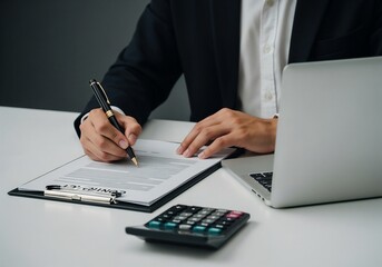 businessman working on papers, taking notes, and analyzing financial data on his laptop.	
