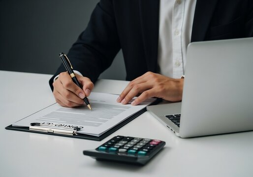 businessman working on papers, taking notes, and analyzing financial data on his laptop.	
