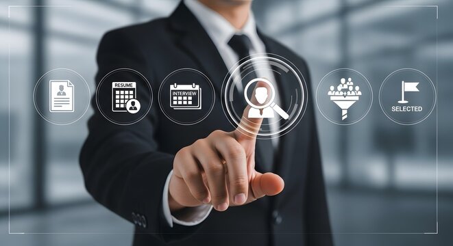 Businessman interacting with a virtual interface representing the hiring process stages, from resume review to selection, for recruitment success