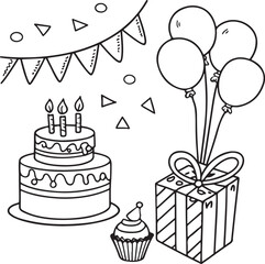 Black and White Birthday Party Line Art Illustration with Cake, Balloons, Gift and Decorations