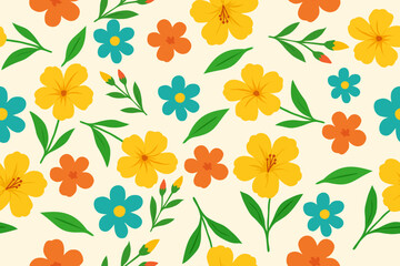 Fototapeta premium Colorful floral pattern with yellow, teal, and orange flowers and green leaves on a light beige background. Perfect for spring-themed designs and textiles.