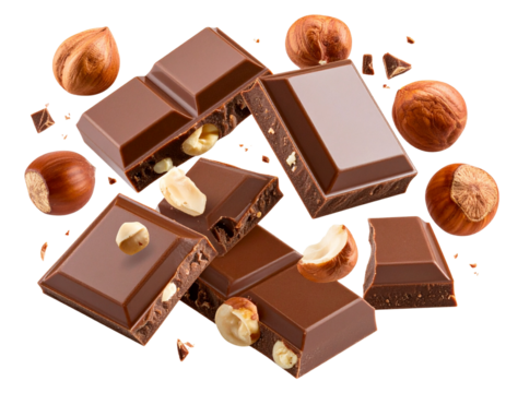 Flying Chocolate Squares with Cracked Hazelnuts in Mid-Air Motion