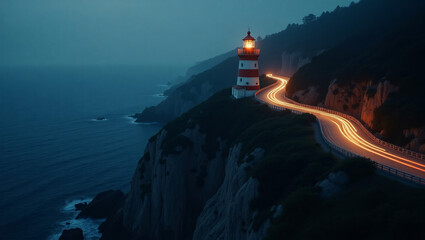 A lighthouse on a coastal cliff at night, with a winding road showing light trails from cars, surrounded by the ocean and fog.