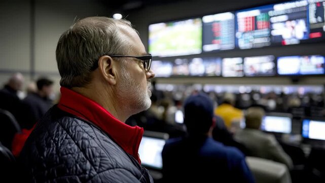 Sports betting enthusiast observes live events in a bustling betting hall during peak game hours