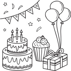 Black and White Birthday Party Line Art Illustration with Cake, Balloons, Gift and Decorations