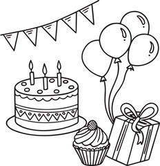 Black and White Birthday Party Line Art Illustration with Cake, Balloons, Gift and Decorations