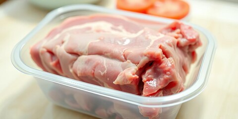 Raw lamb meat in a clear plastic foam tray, ready for cooking, cut, rack