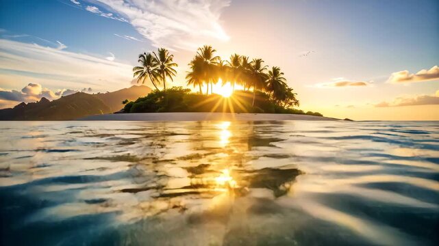Spectacular Golden Sunset Over a Tropical Island with Palm Trees and Rippling Ocean Waves