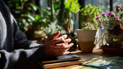 Woman's Hands Resting on a Journal Near a Window with Plants
