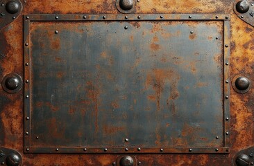 A close-up of a rusty, riveted metal plate framed by a corroded iron border with large bolts, showcasing worn texture and industrial aging.