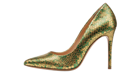 High heel shoe with gold and green snakeskin pattern png isolated on transparent background