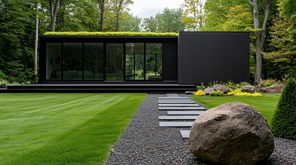 An eco-friendly modern dwelling with a green roof, solar panels, and a facade of sustainable materials, embodying minimalist principles while focusing on environmental integration and energy
