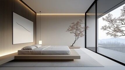 The bedroom of a minimalist modern home, with a low-set bed, built-in storage, and a large window offering expansive views, emphasizing simplicity, comfort, and connection to the outside