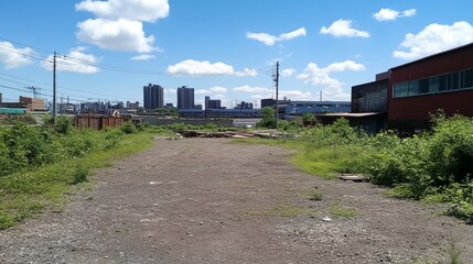 Overgrown lot with city skyline in background, showing contrast between nature and urban development under a sunny sky