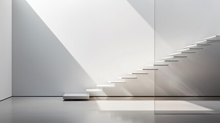 The interior staircase of a modern minimalist home, a sculptural element of floating treads and sheer glass railings, bathed in natural light from an overhead skylight, emphasizing verticality