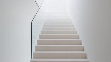 The interior staircase of a modern minimalist home, a sculptural element of floating treads and sheer glass railings, bathed in natural light from an overhead skylight, emphasizing verticality